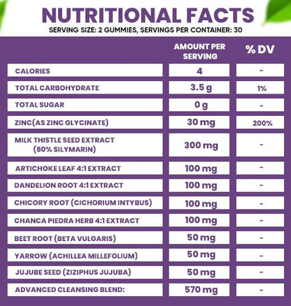 Close up of sixty vegan liver cleanse gummies featuring natural antioxidant defense properties.