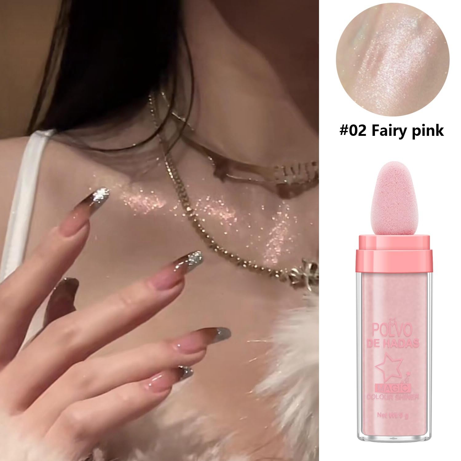 Model wearing Ygache highlighter on cheekbones and eyes