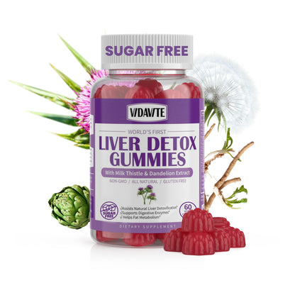 Nutritional benefits and dual action cleansing formula on Vidavite wellness gummy packaging.