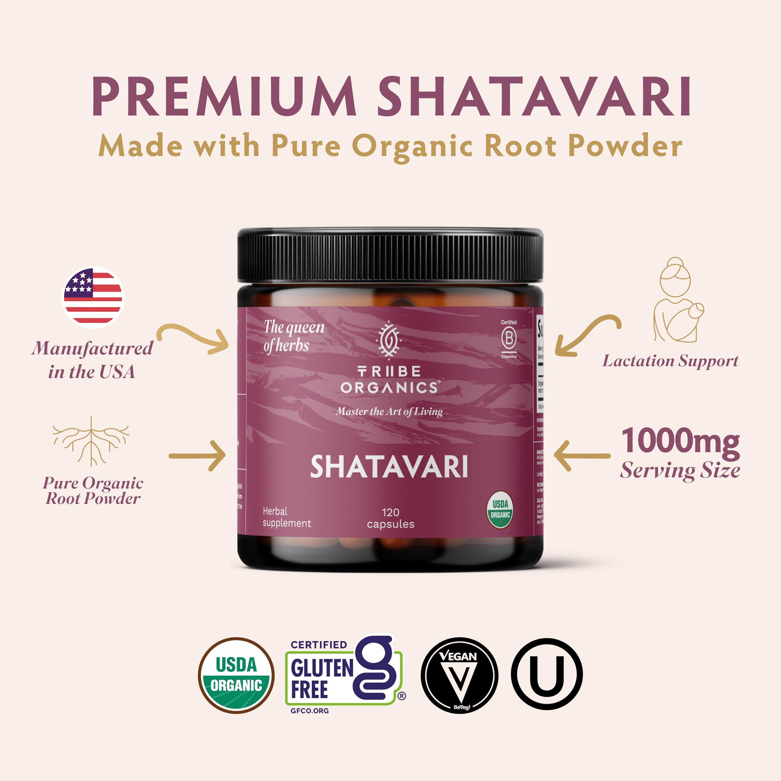 Tribe Organics Shatavari supplement label showing USDA Organic and Non-GMO certifications