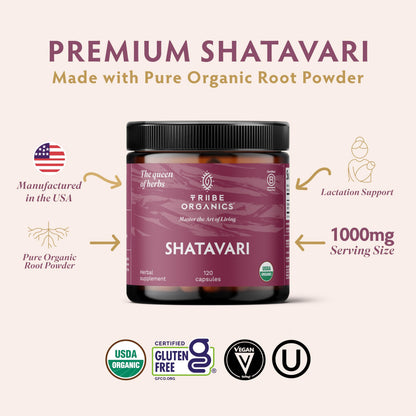 Tribe Organics Shatavari supplement label showing USDA Organic and Non-GMO certifications