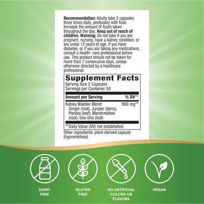 Nature's Way Kidney Bladder herbal support capsules packaging highlighting the 900 milligrams serving size.