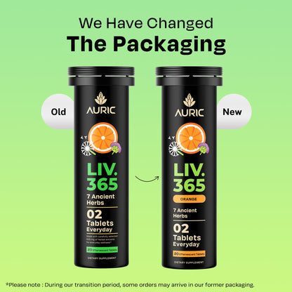 Auric Liv 365 Ayurvedic liver detox tubes showcasing lemon and jamun flavor details.