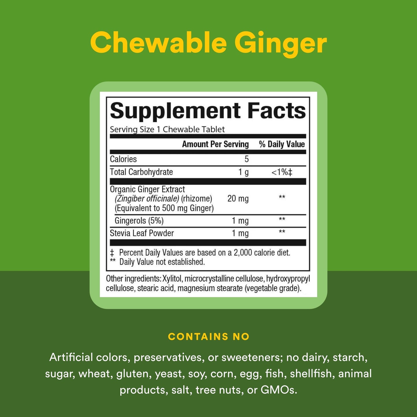 Natural Factors Ginger 500mg 90 chewable tablets side view showing allergen free certifications