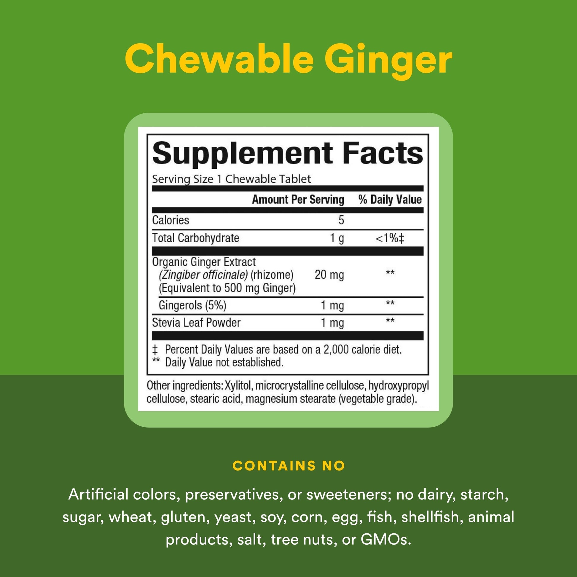Natural Factors Ginger 500mg 90 chewable tablets side view showing allergen free certifications