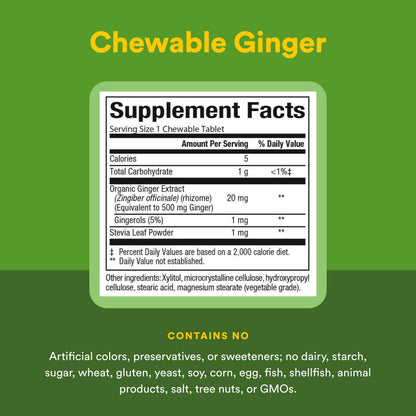 Natural Factors Ginger 500mg 90 chewable tablets side view showing allergen free certifications