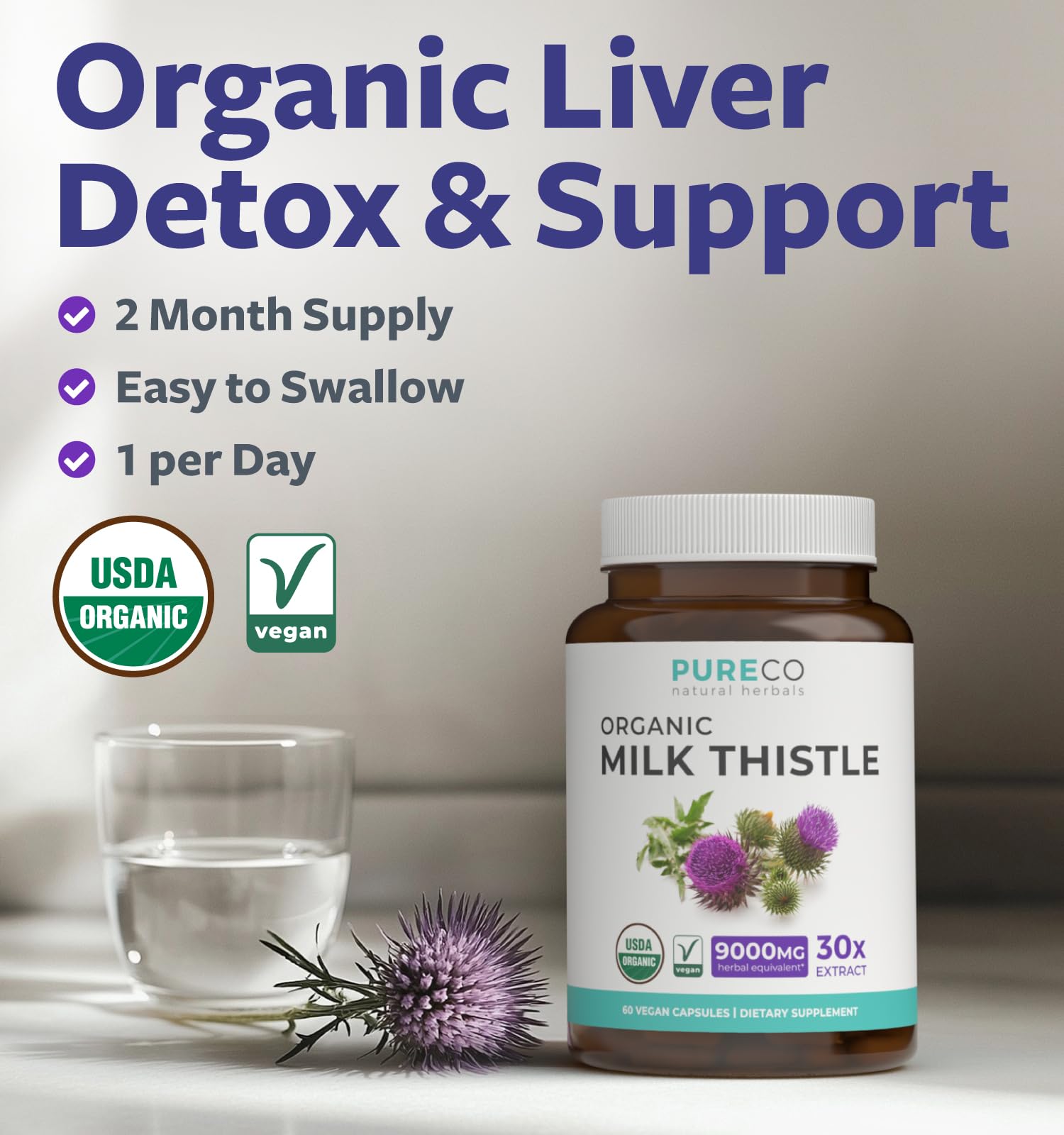 PURE CO Organic Milk Thistle supplement bottle highlighting eighty percent silymarin concentration facts.