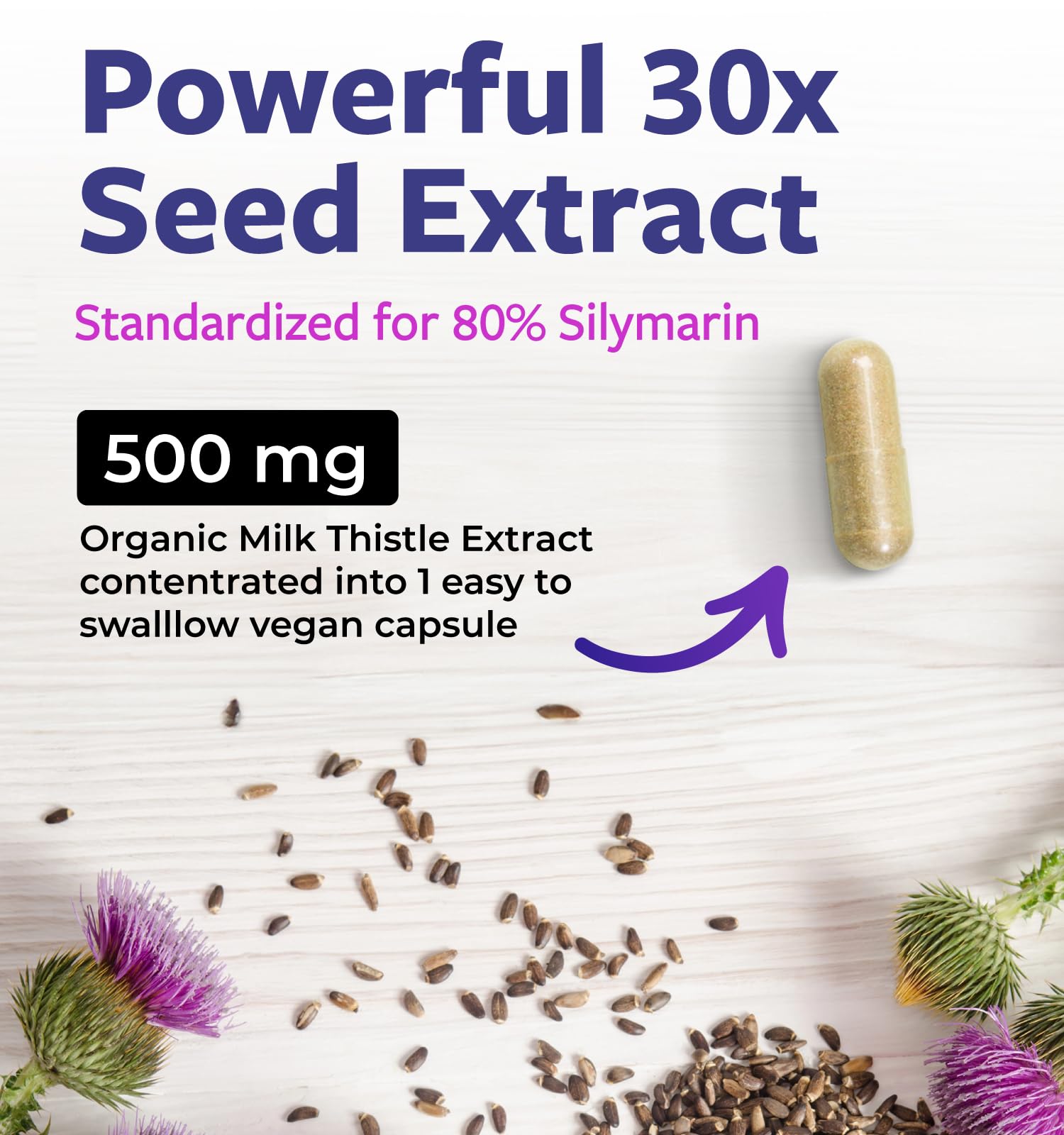 PURE CO Organic Milk Thistle thirty-to-one extract capsule count and product description label.