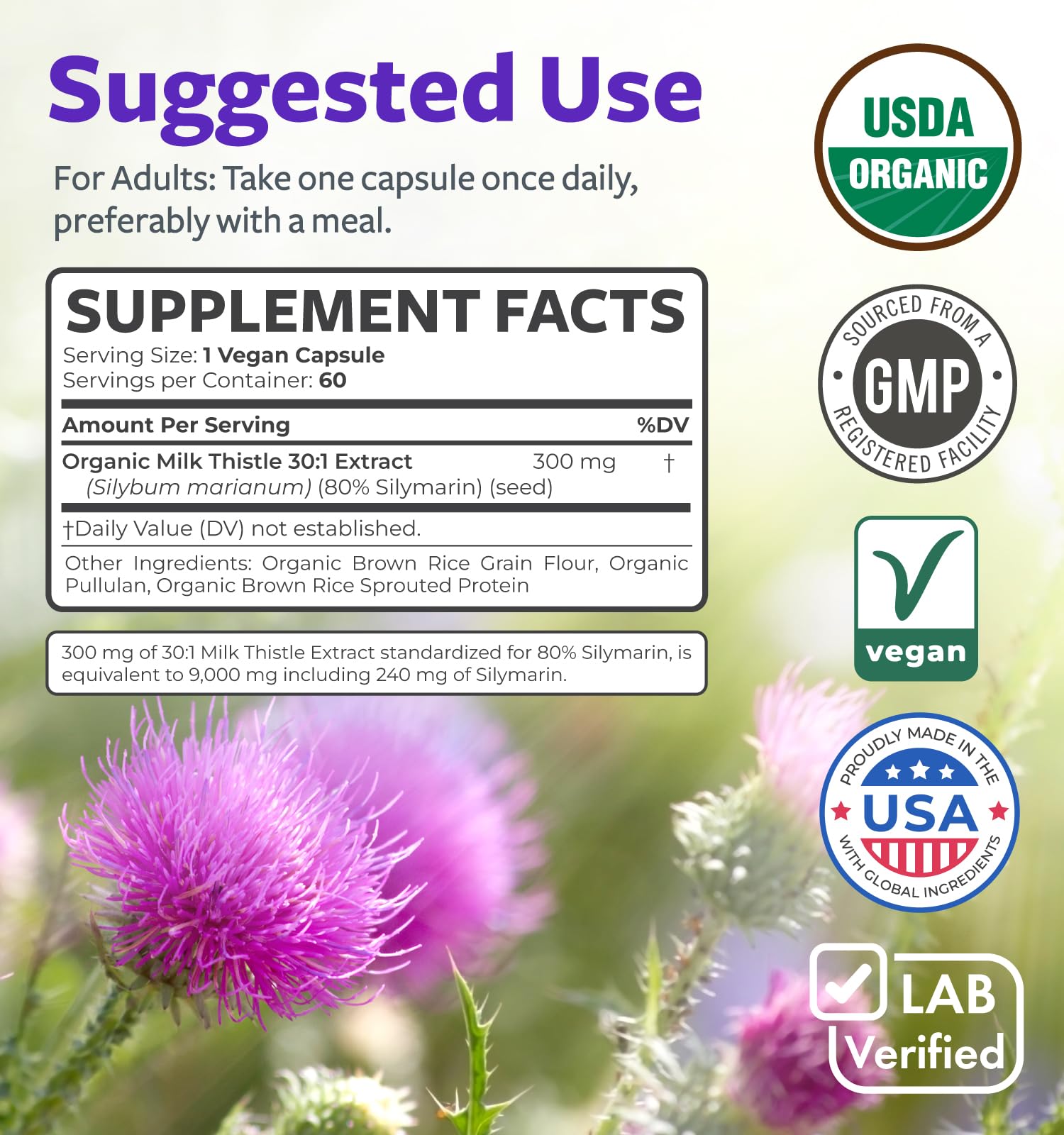 PURE CO Organic Milk Thistle capsules side view showing clean organic ingredients and allergen-free text.