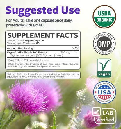PURE CO Organic Milk Thistle capsules side view showing clean organic ingredients and allergen-free text.