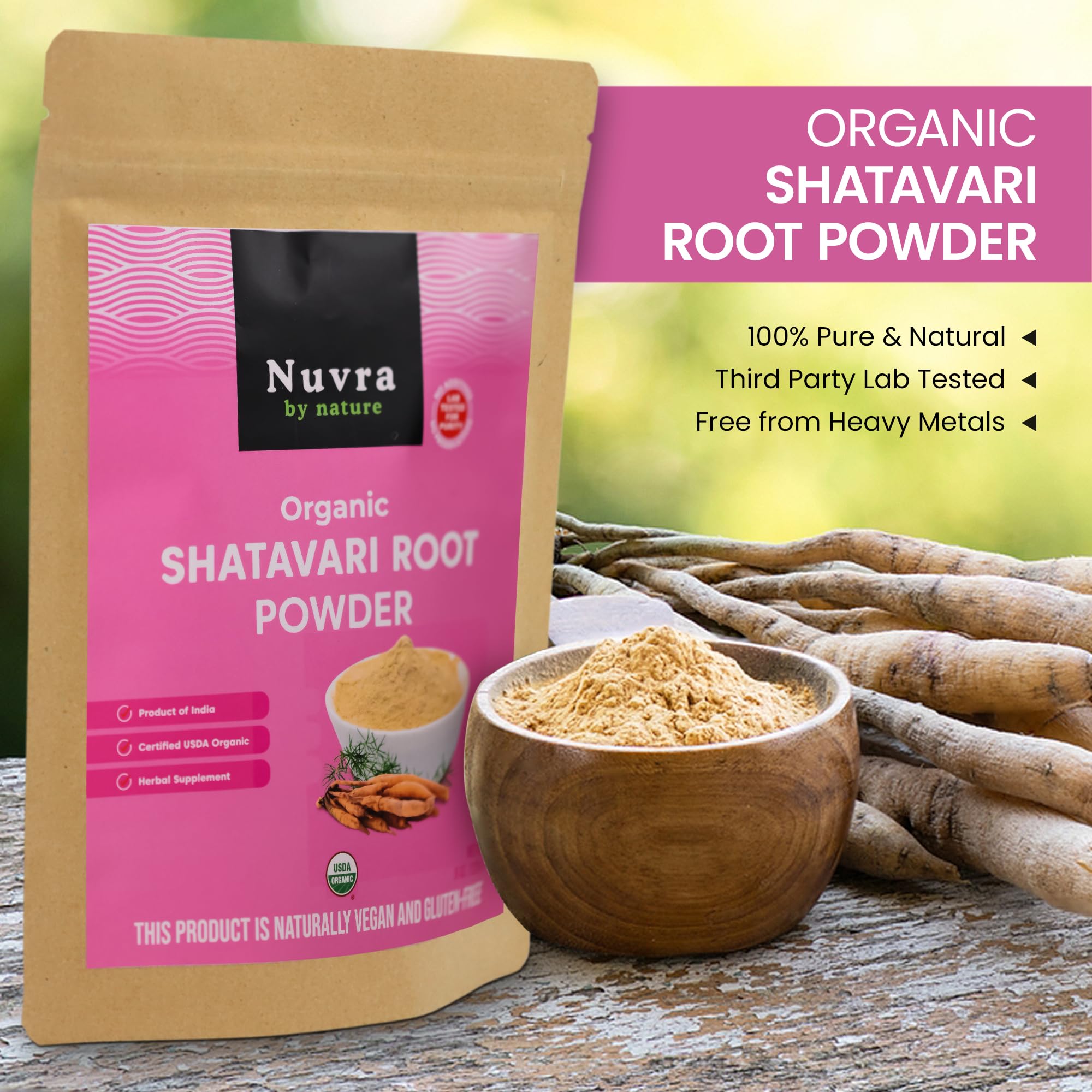 Pure Asparagus Racemosus root powder organic supplement packaging showing USDA organic logo