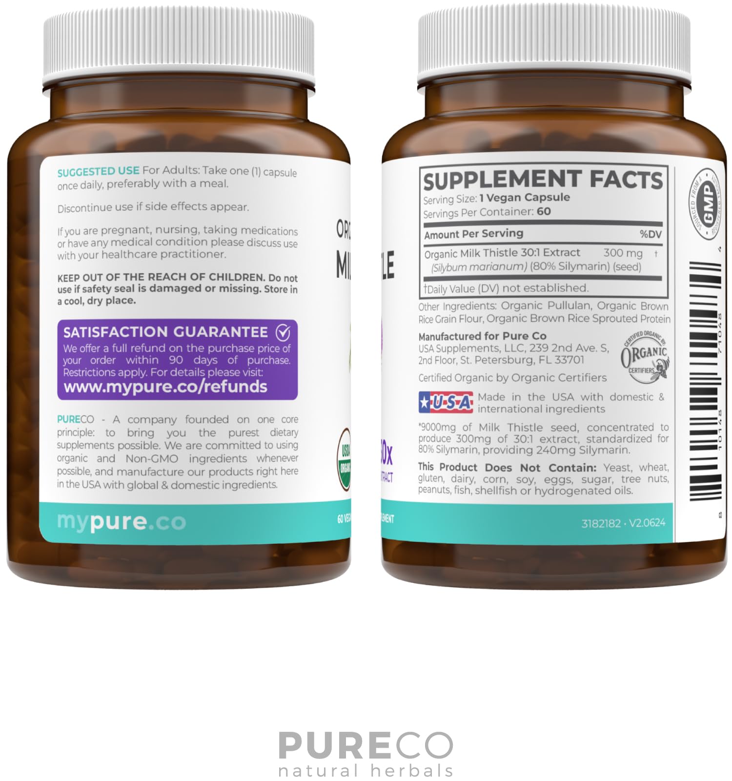 PURE CO Organic Milk Thistle supplement bottle showing dosage instructions for premium liver cleanse.