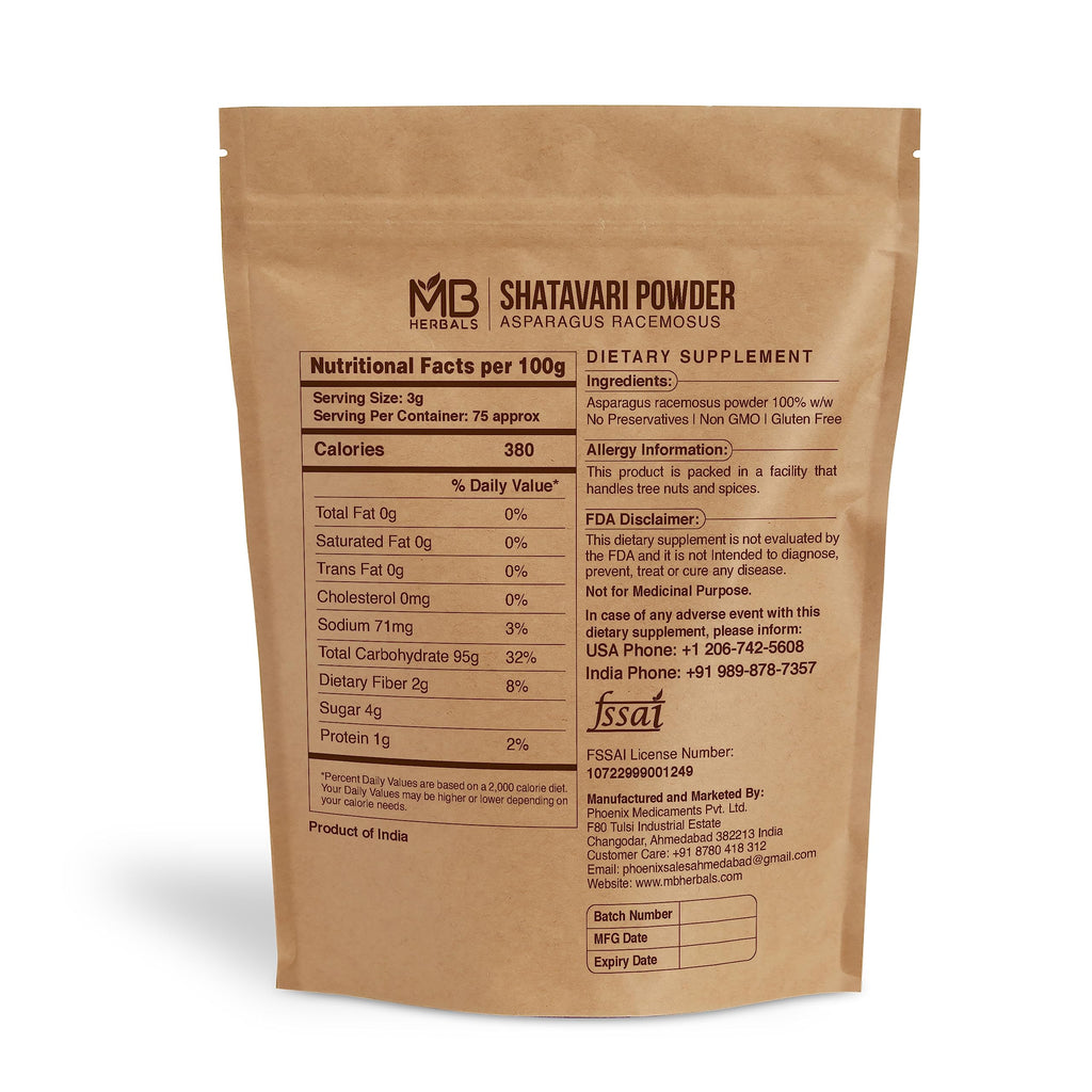 MB Herbals Shatavari Powder packaging details and organic ingredient information