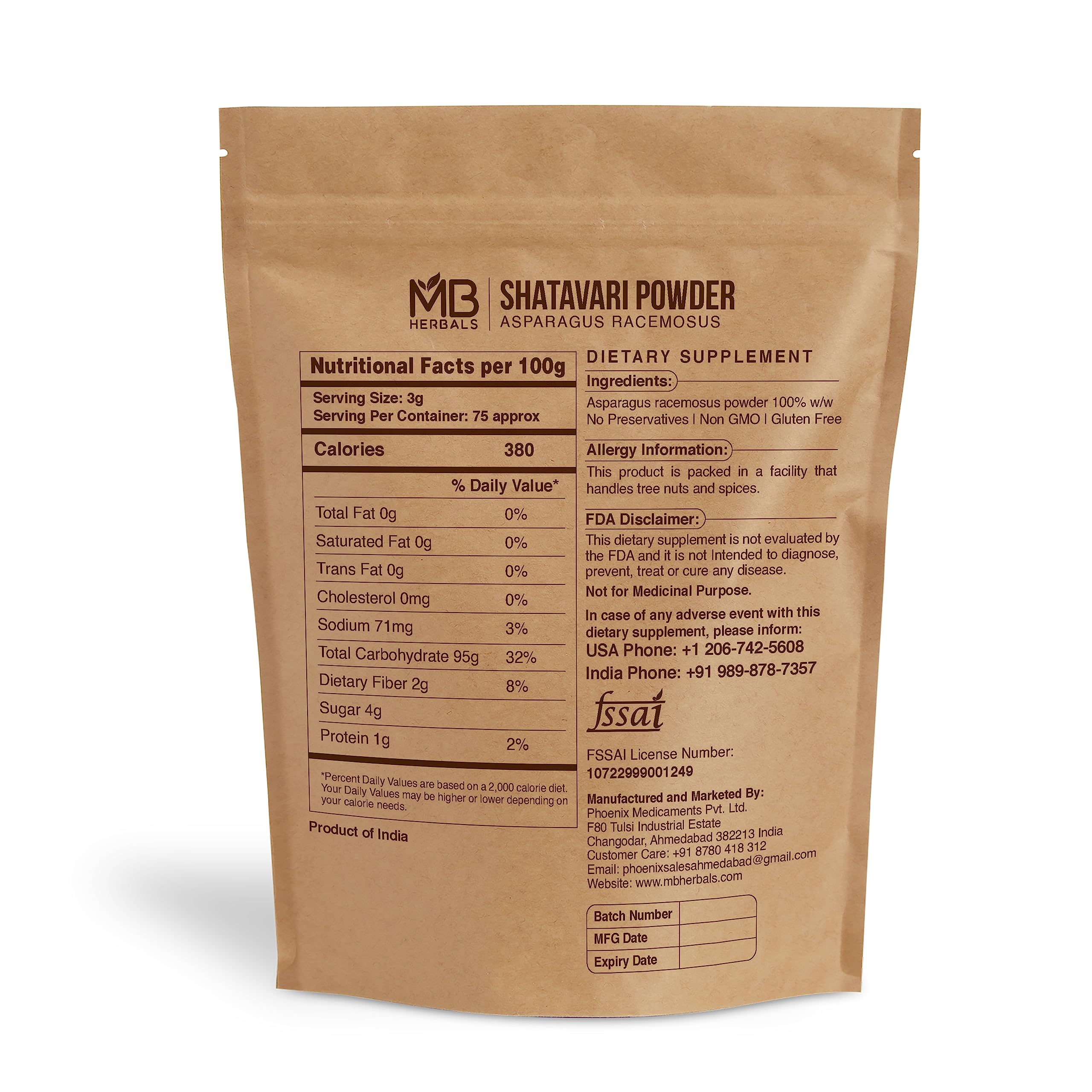 MB Herbals Shatavari Powder packaging details and organic ingredient information