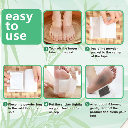 Maguja overnight cleansing foot patches with one hundred adhesive sheets laid out on a clean white surface