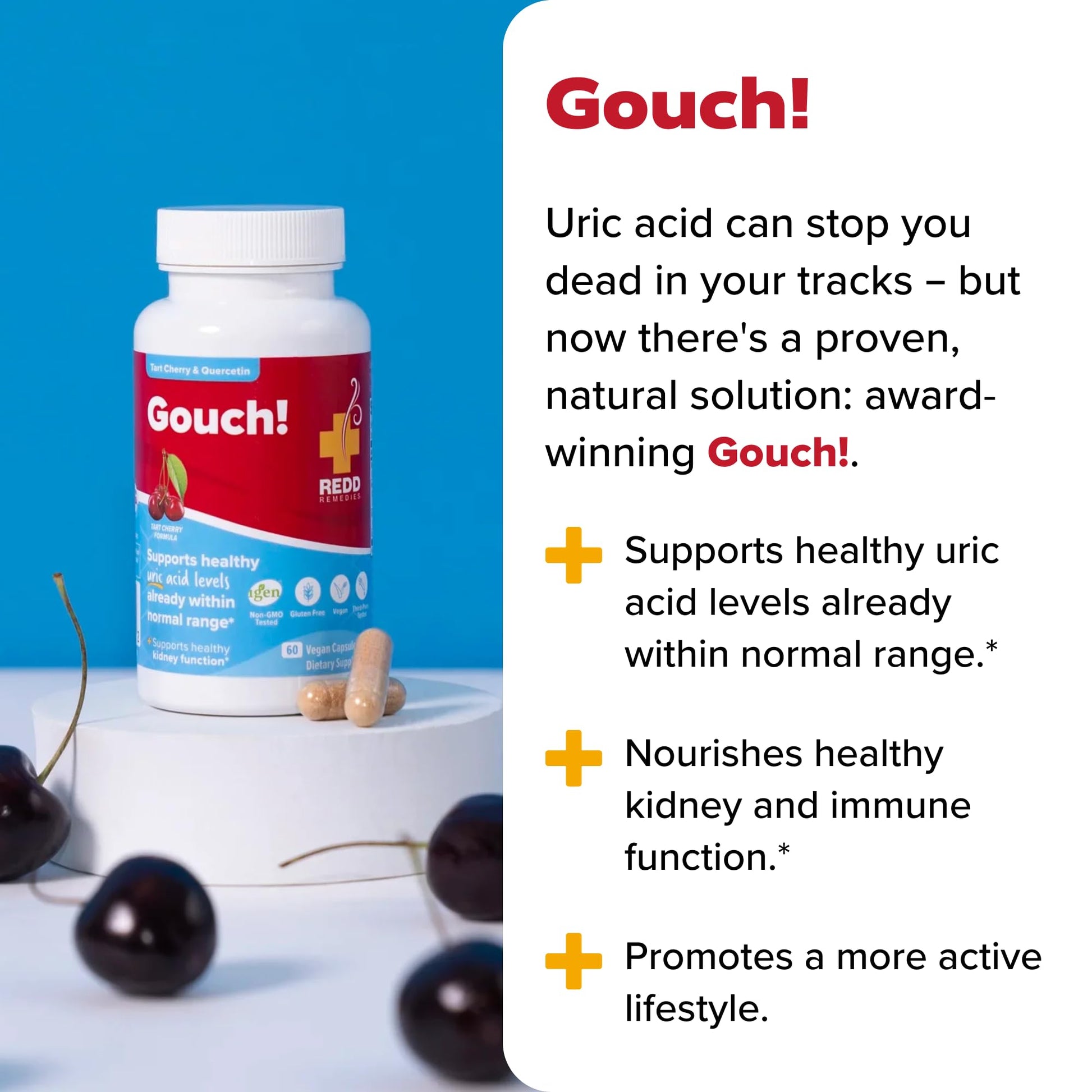 Side view of Redd Remedies Gouch showing non GMO and gluten free certifications