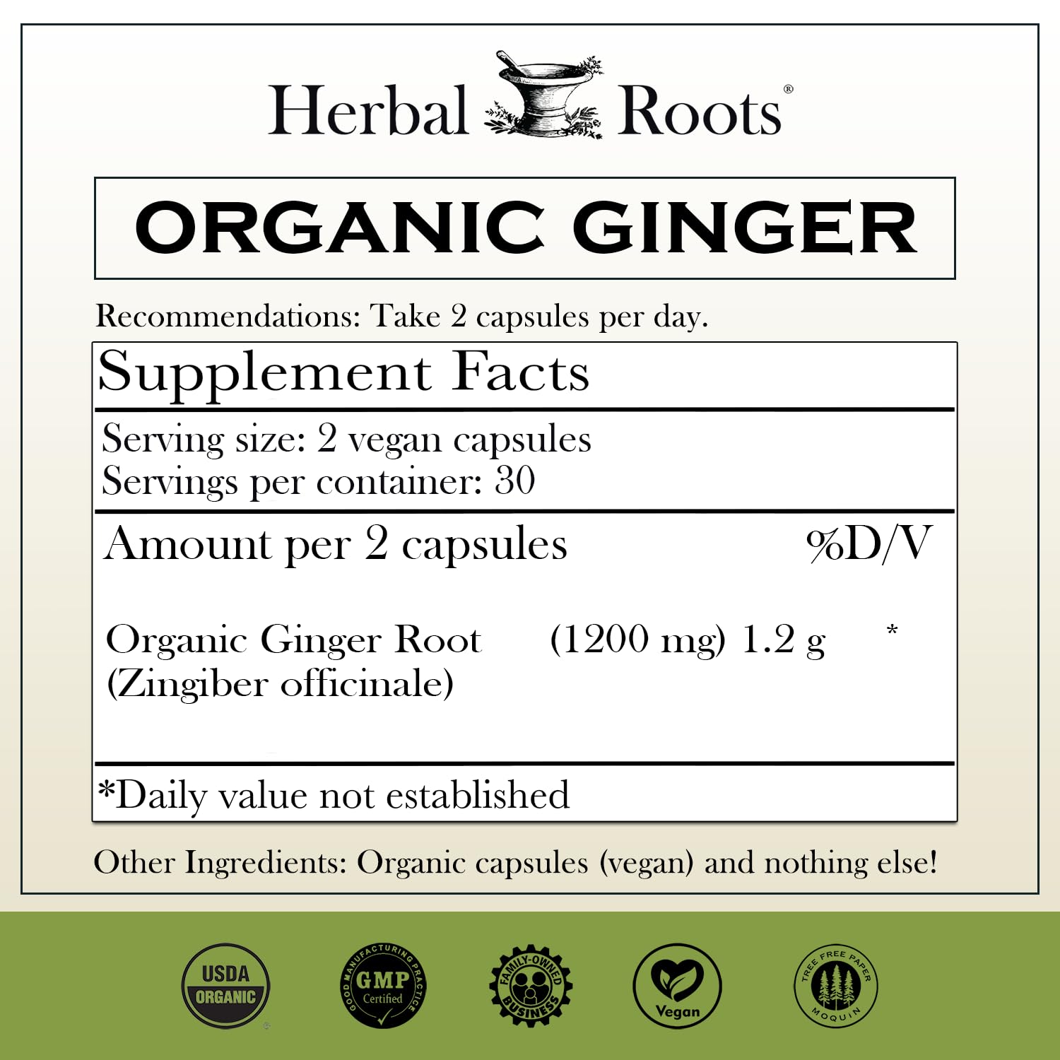 Herbal Roots Ginger Supplement 60 vegan capsules nutritional facts and ingredient label