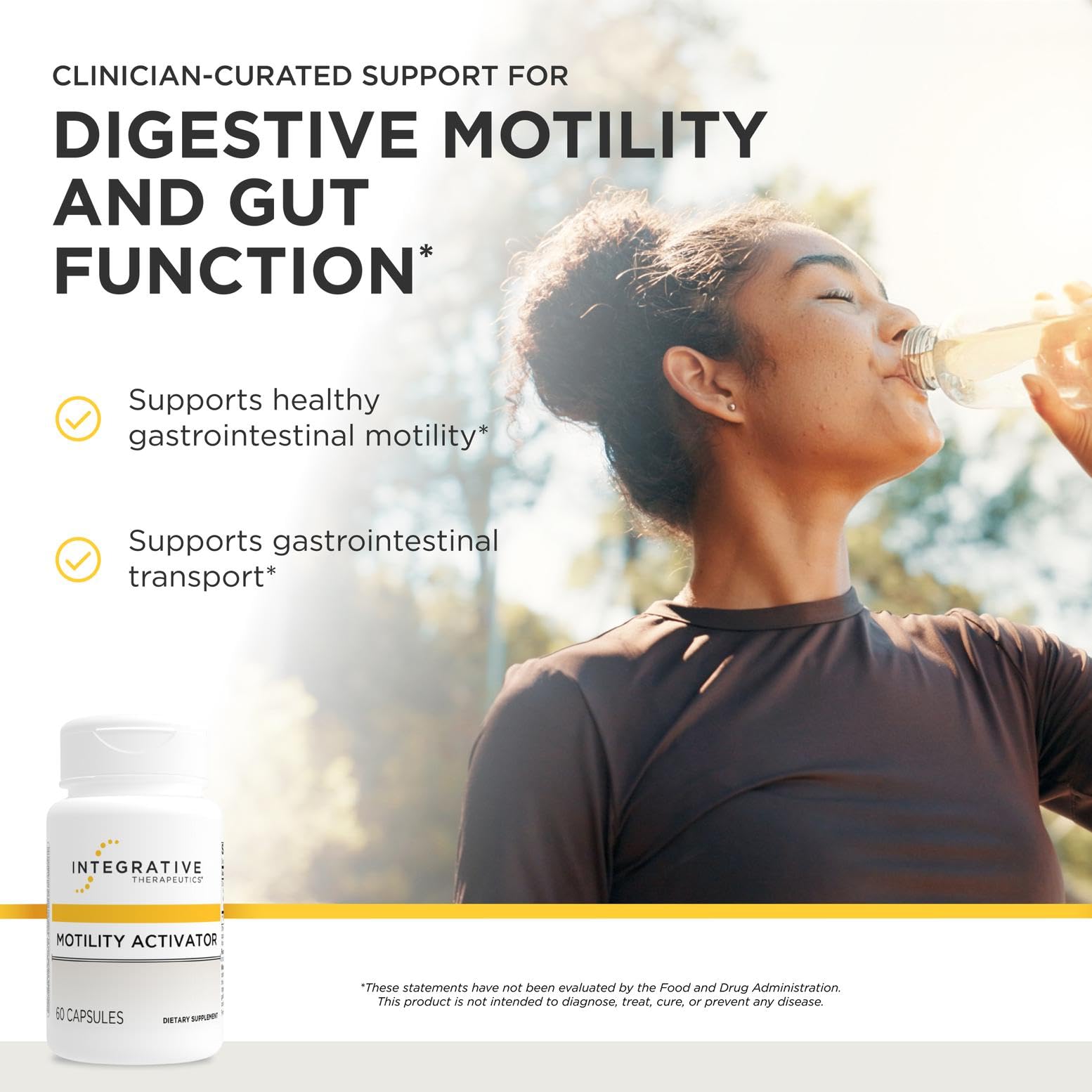 Integrative Therapeutics Motility Activator supplement facts label showing artichoke and ginger extract dosages.