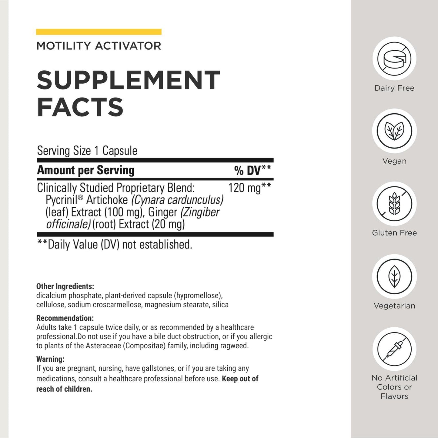 Side view of Integrative Therapeutics Motility Activator bottle displaying clean allergen-free certifications.