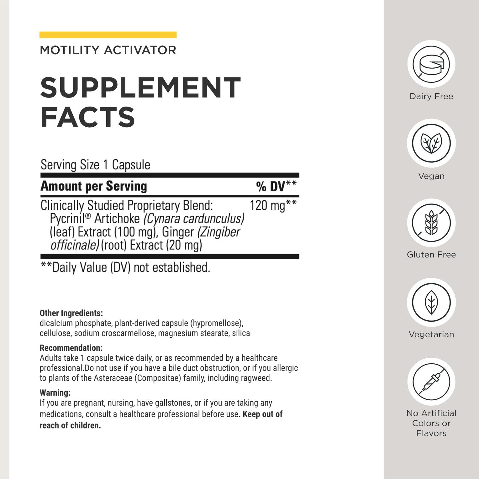 Side view of Integrative Therapeutics Motility Activator bottle displaying clean allergen-free certifications.