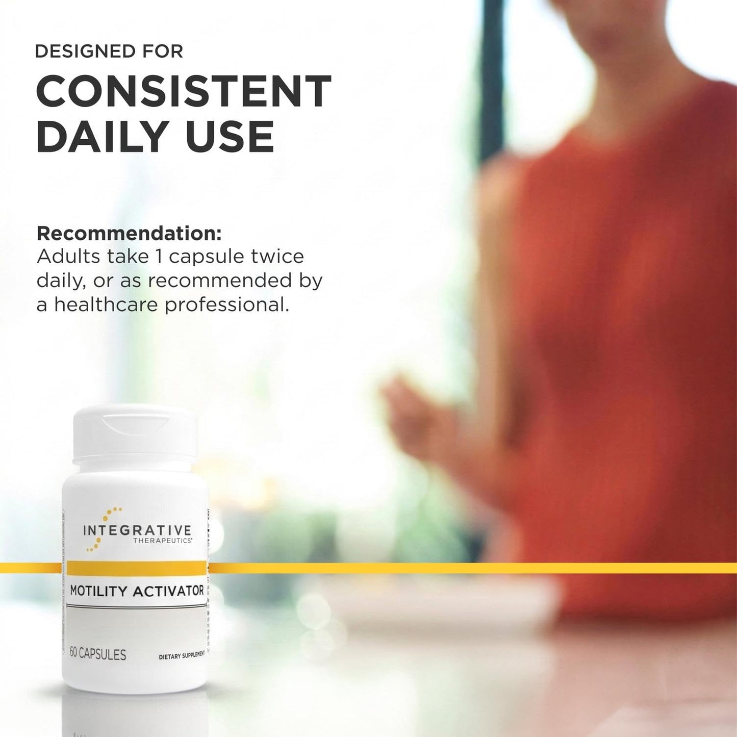 Angled commercial product shoot of Integrative Therapeutics Motility Activator gastrointestinal support bottle.