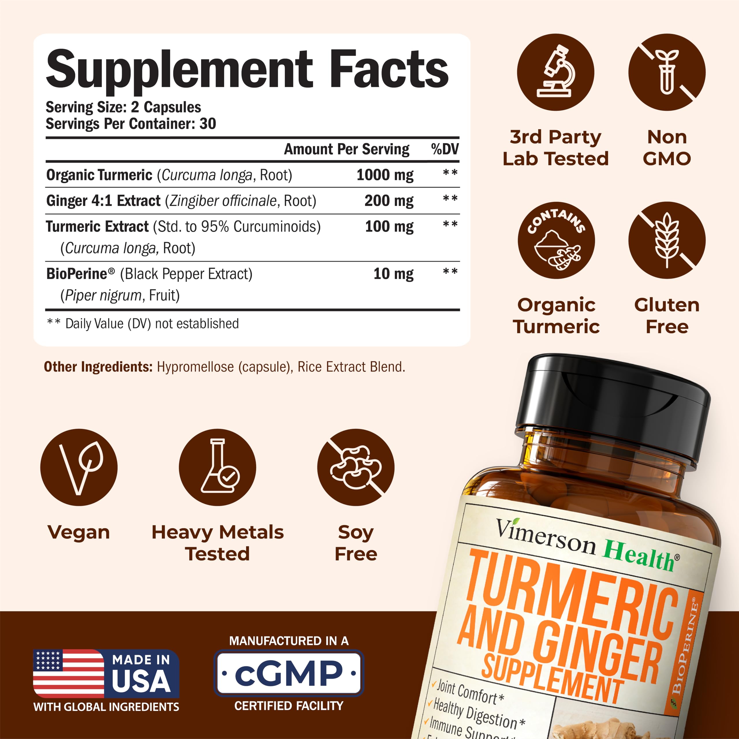 Vimerson Health Turmeric and Ginger supplement supplement facts label showing exact milligram dosages and clean ingredients.