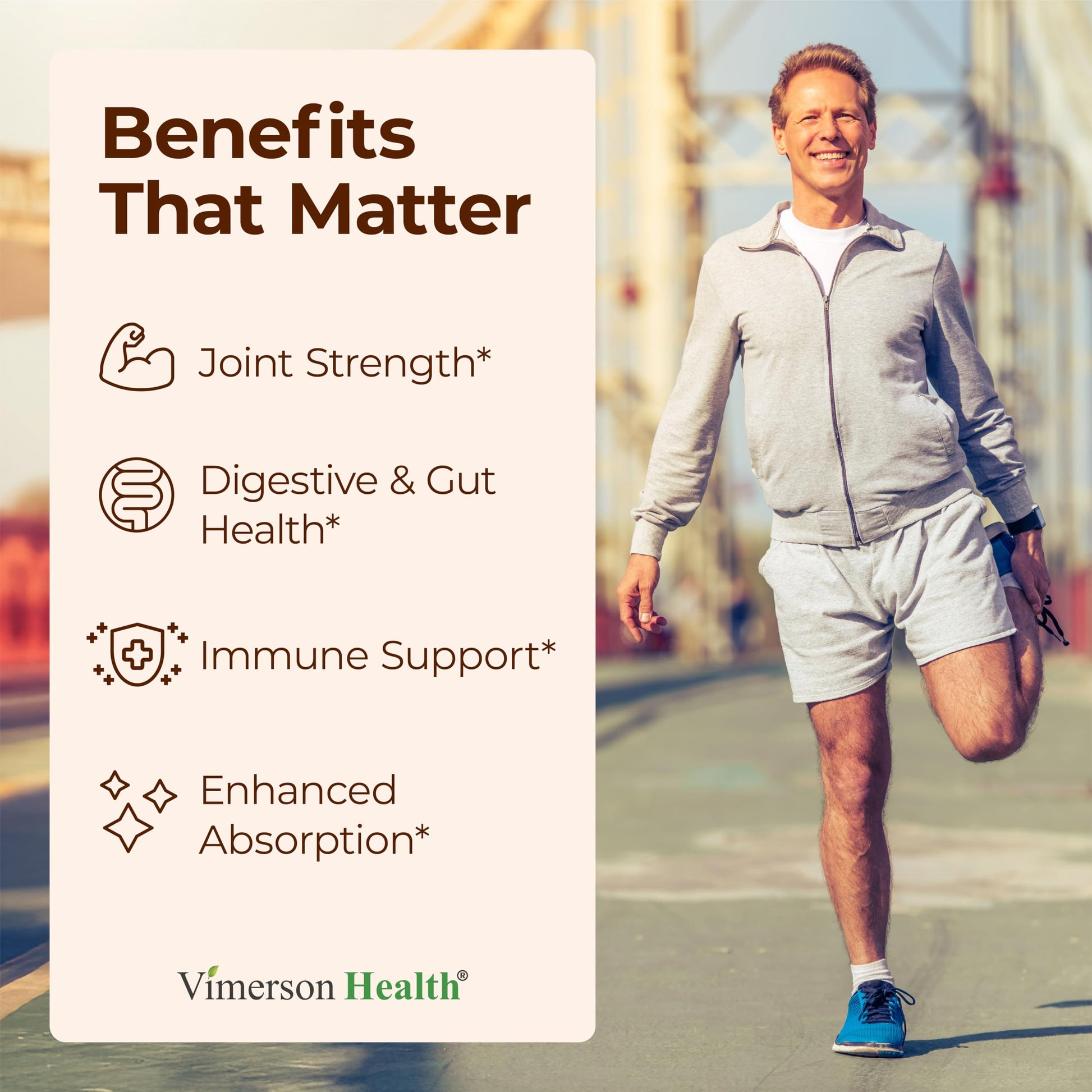 Vimerson Health herbal capsules next to organic turmeric and ginger roots demonstrating natural joint flexibility ingredients.