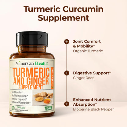 Side view of Vimerson Health Turmeric Curcumin bottle highlighting BioPerine for enhanced nutrient absorption.