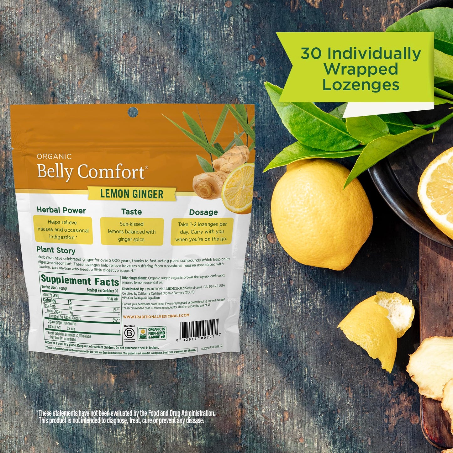 Traditional Medicinals Belly Comfort 30 lozenges packet displayed for travel wellness