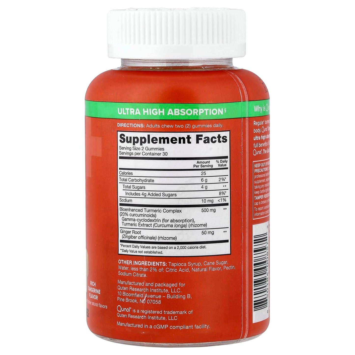 Supplement facts label on the back of Qunol ultra high absorption turmeric gummies