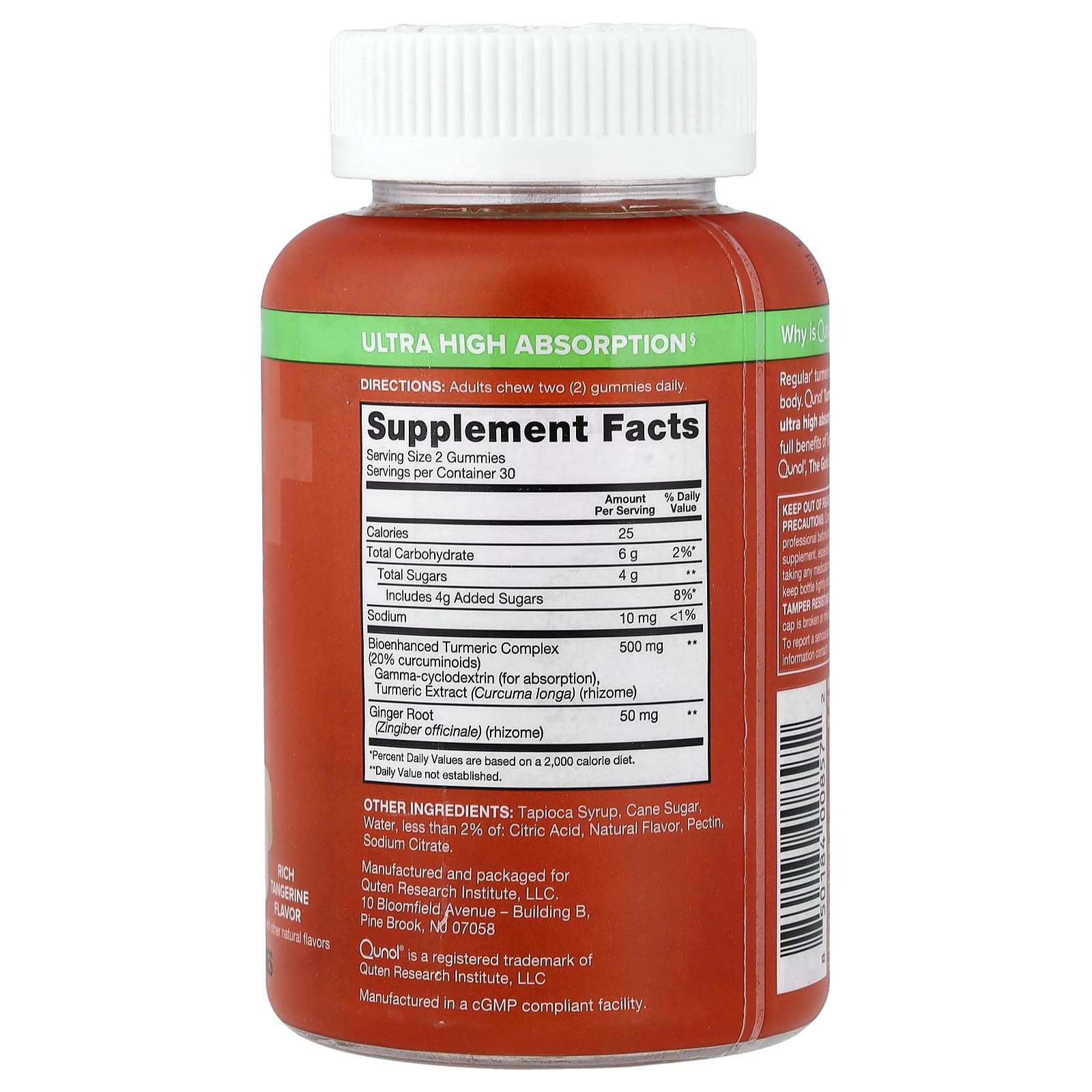Supplement facts label on the back of Qunol ultra high absorption turmeric gummies
