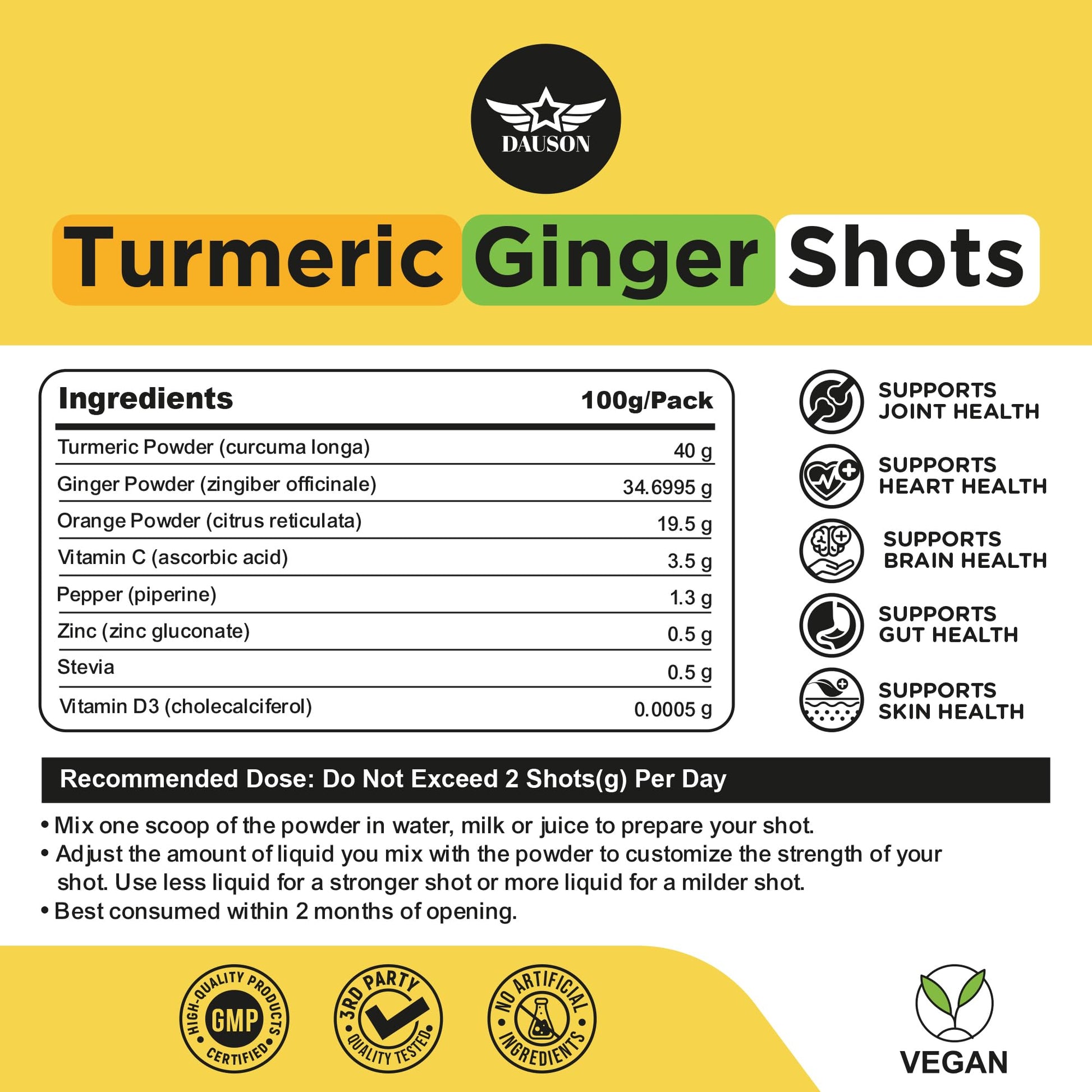 Nutritional facts and serving size information on the authentic imported Dauson turmeric shot packaging.