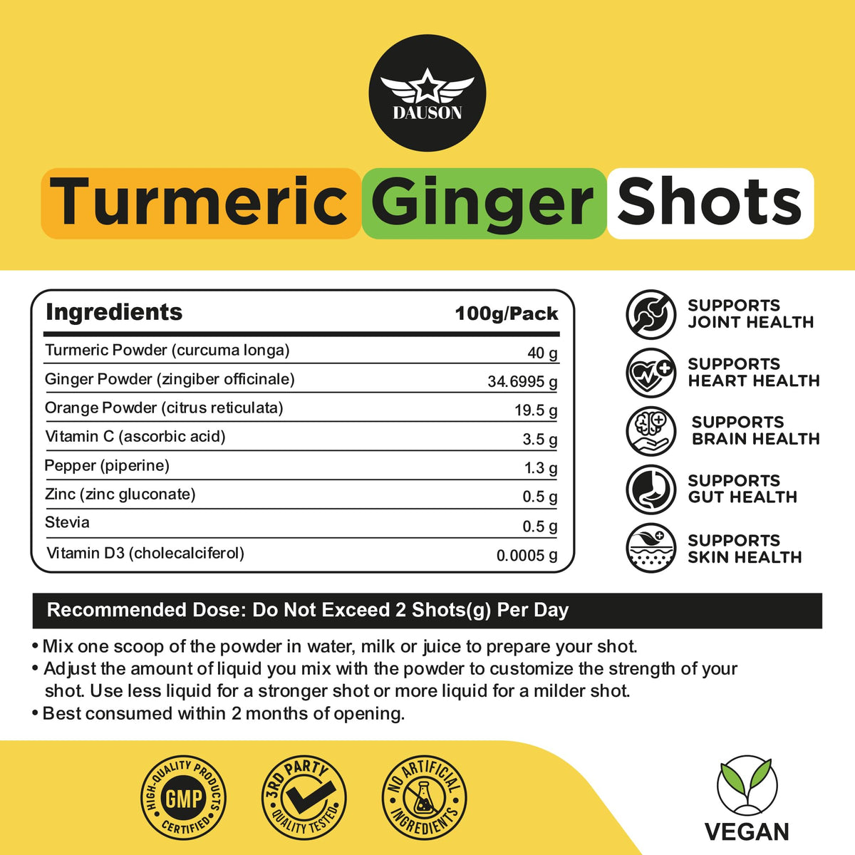 Nutritional facts and serving size information on the authentic imported Dauson turmeric shot packaging.