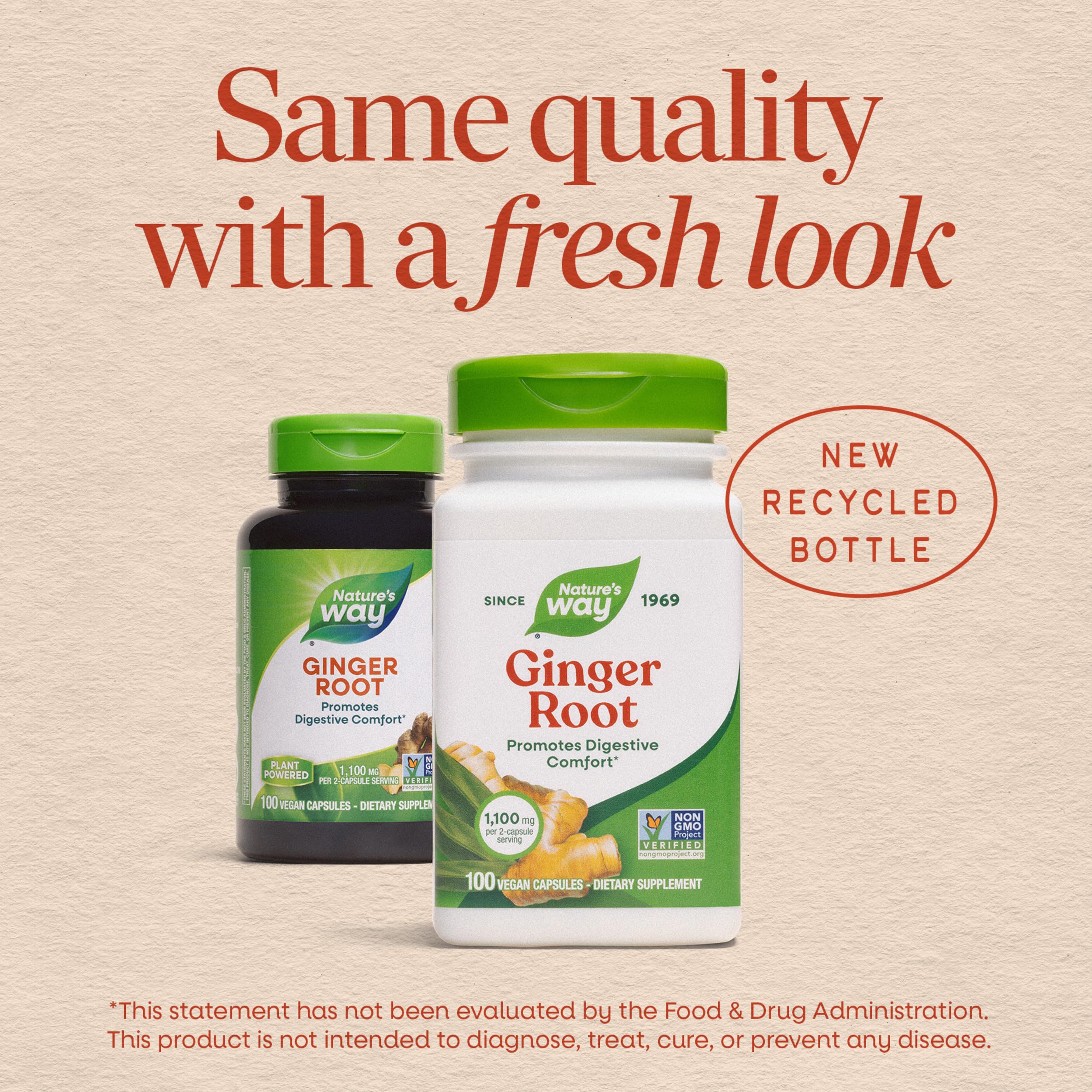 Nature's Way Ginger Root 1100mg supplement bottle showing ingredient facts.