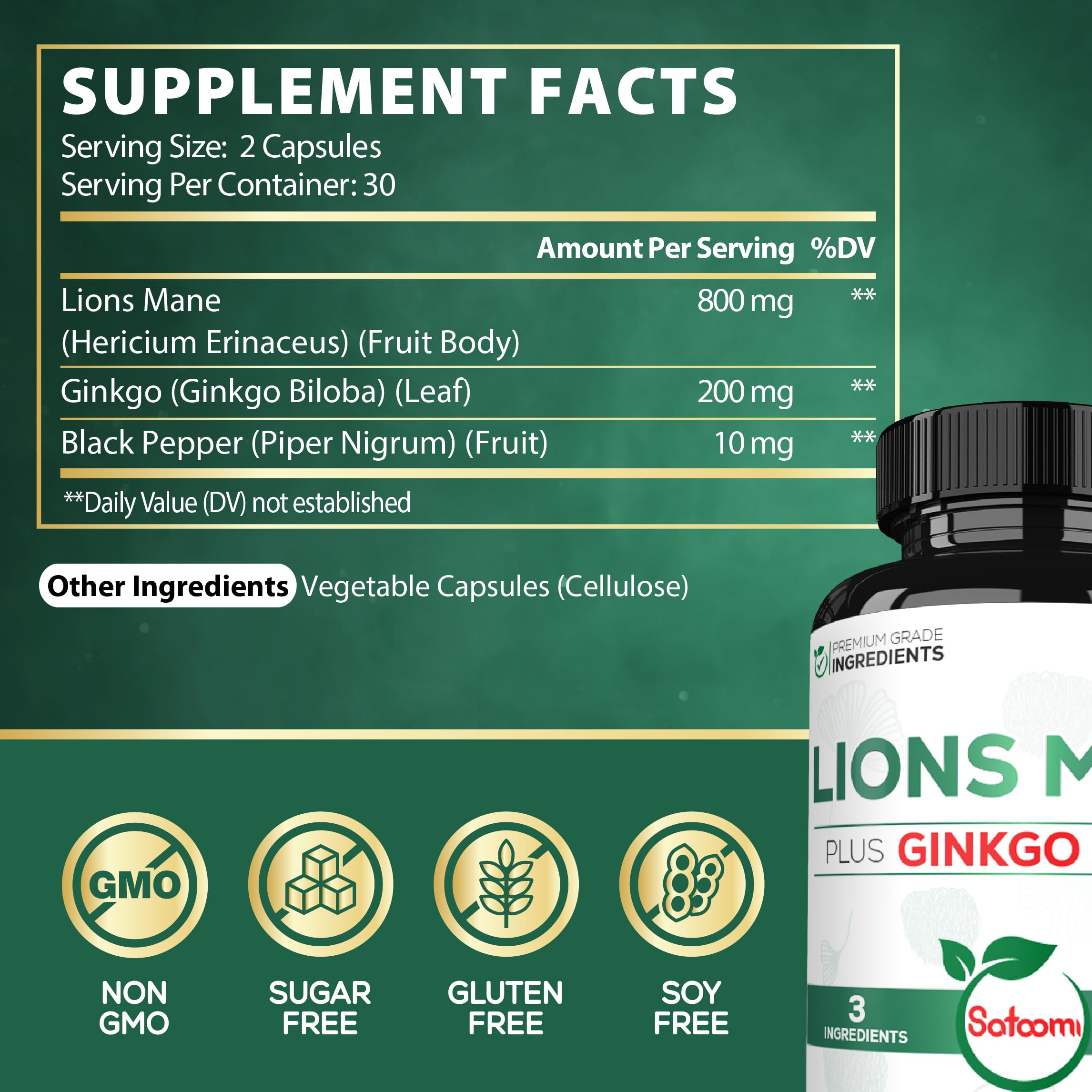 Satoomi Lions Mane and Ginkgo Biloba supplement bottle angled view highlighting extra strength nootropic benefits for focus.