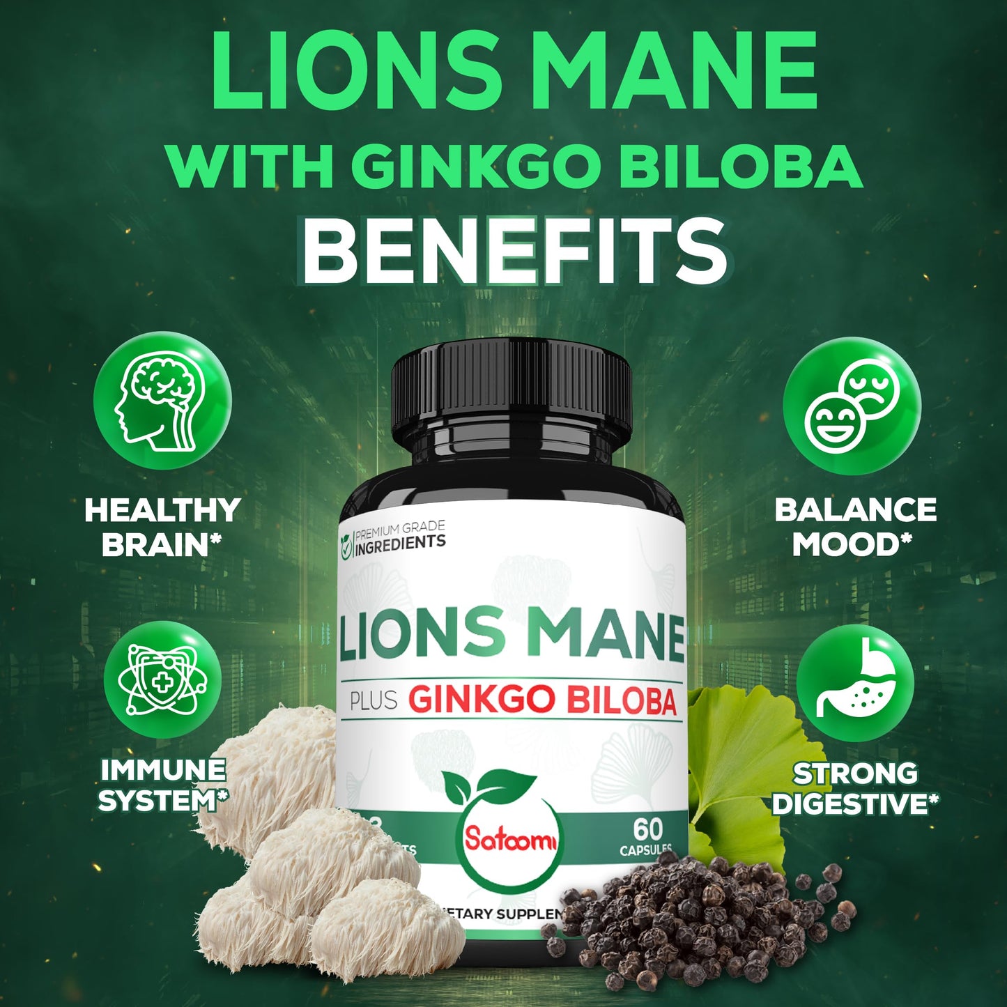 Satoomi Lions Mane with Ginkgo Biloba supplement bottle standing upright on a clean minimalist wellness store background.