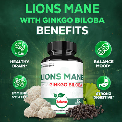 Satoomi Lions Mane with Ginkgo Biloba supplement bottle standing upright on a clean minimalist wellness store background.