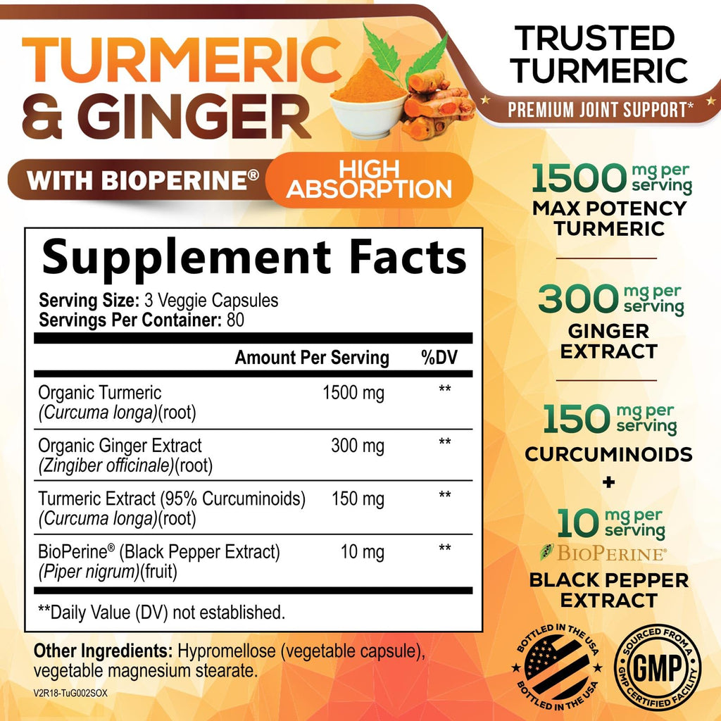 Nature's Nutrition Turmeric Curcumin supplement panel displaying 1950 mg ingredient breakdown