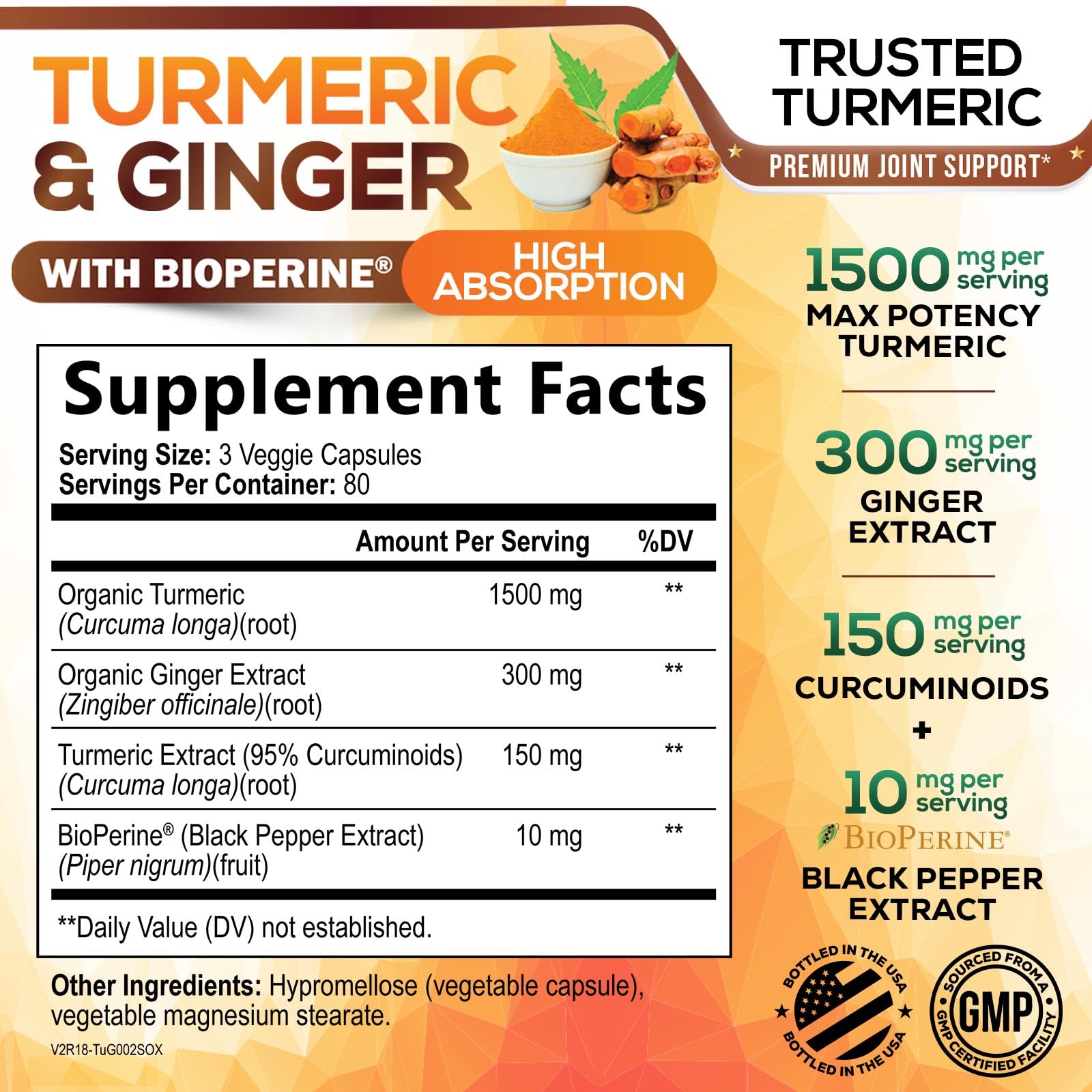 Nature's Nutrition Turmeric Curcumin supplement panel displaying 1950 mg ingredient breakdown