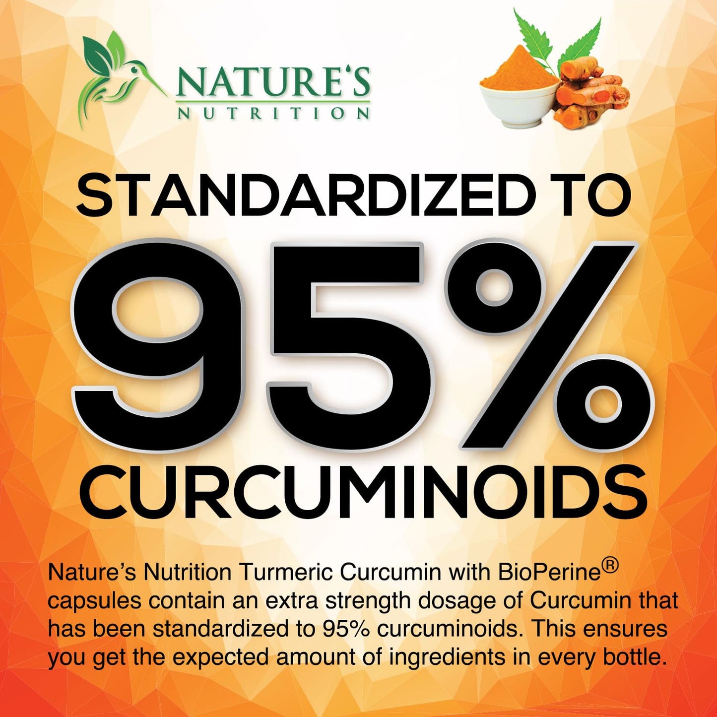 Nature's Nutrition Turmeric Curcumin with ginger and BioPerine packaging detailing joint support benefits