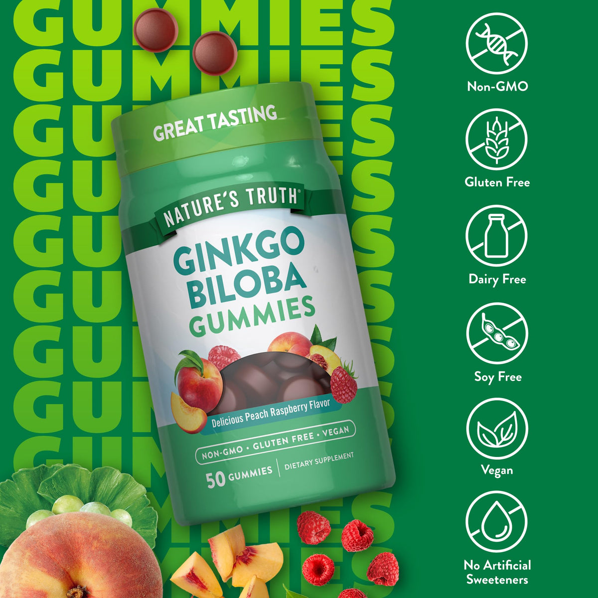 Supplement facts and ingredients label of Nature's Truth Ginkgo Biloba Gummies