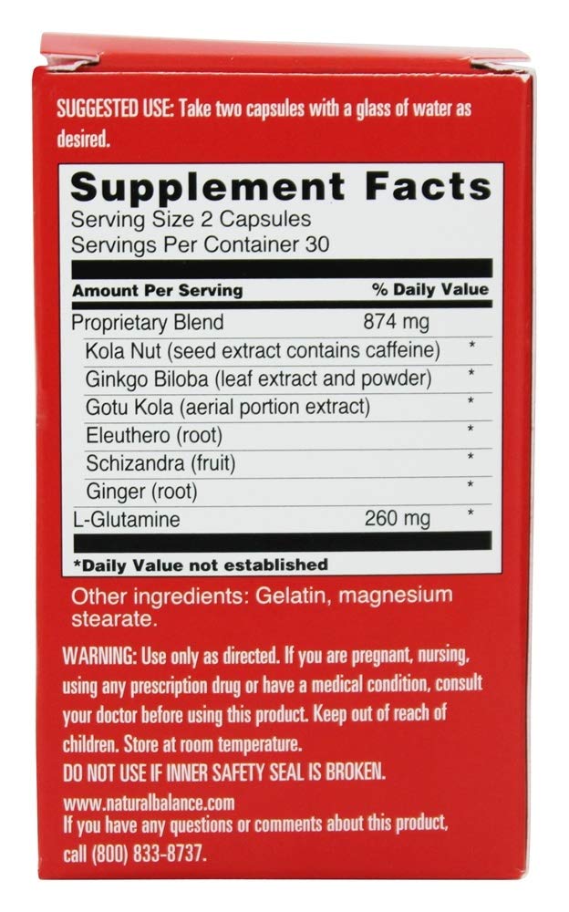 Natural Balance cognitive supplement with ginkgo biloba and kola nut ingredients