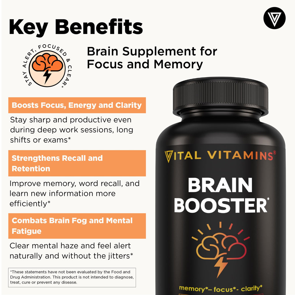 Side view of Vital Vitamins Brain Booster listing Ginkgo Biloba and Bacopa Monnieri ingredients.