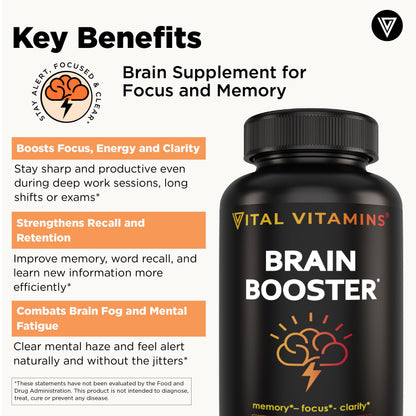 Side view of Vital Vitamins Brain Booster listing Ginkgo Biloba and Bacopa Monnieri ingredients.