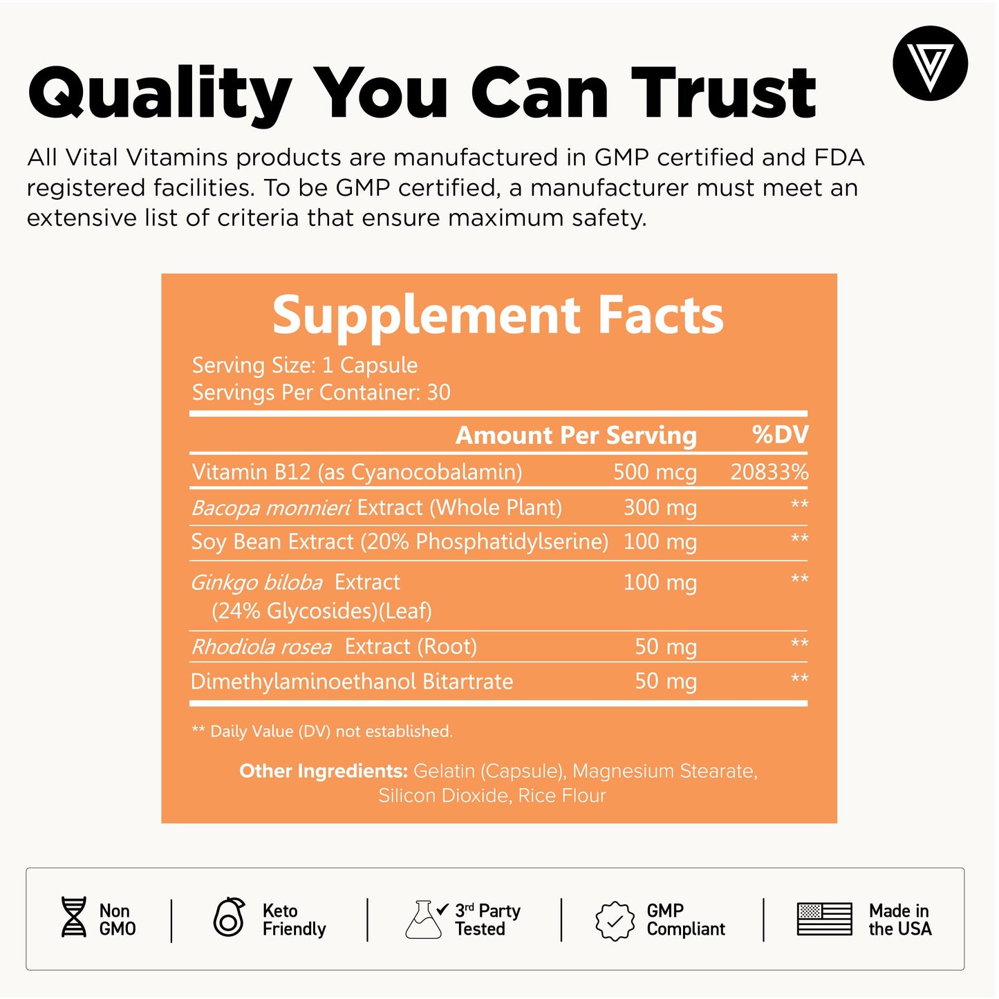 Vital Vitamins Brain Booster capsule packaging detailing the ninety day cognitive wellness supply.