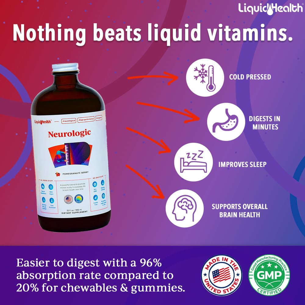 LIQUIDHEALTH brain supplement showing Pomegranate Berry flavor labeling