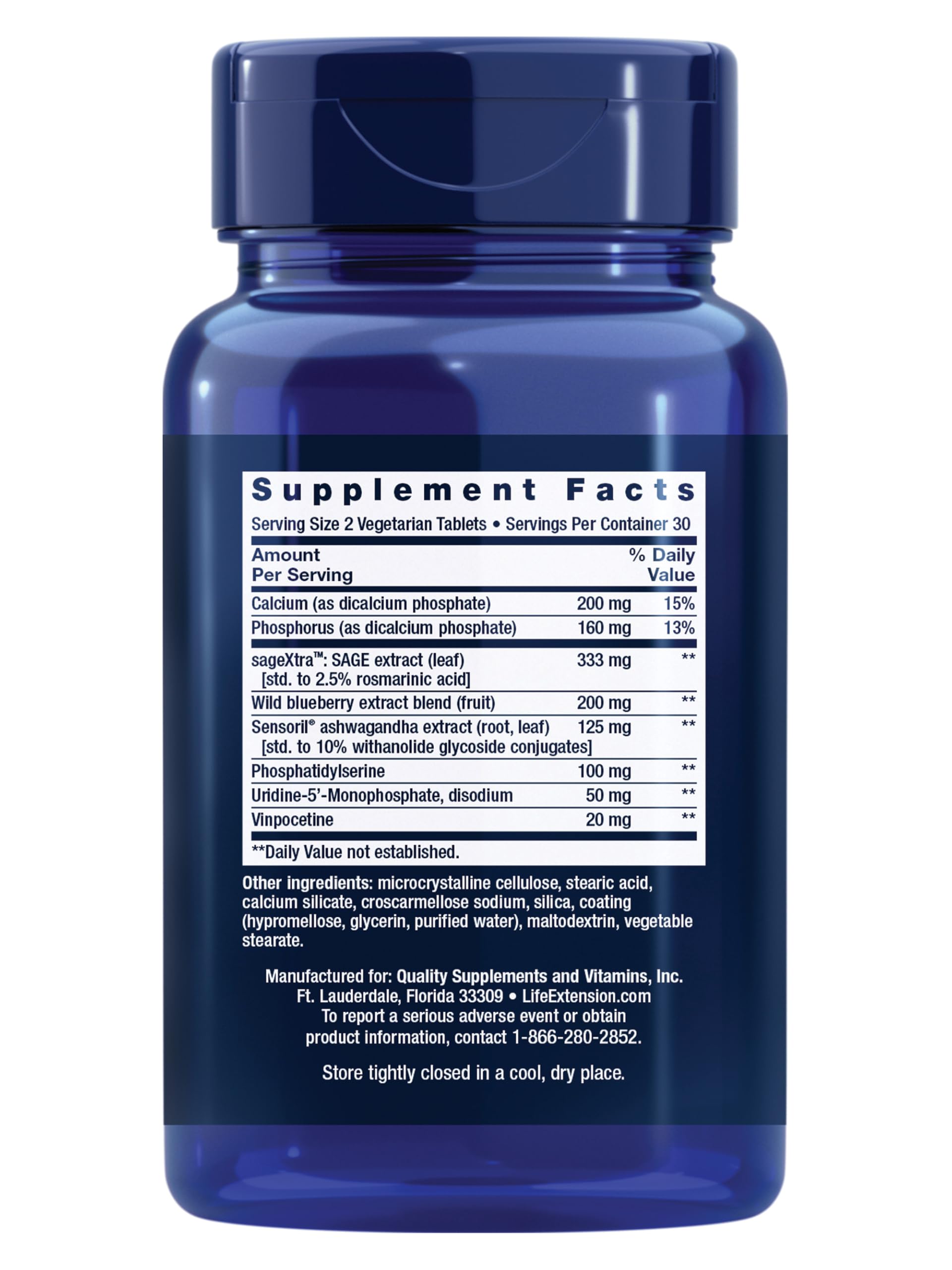 Life Extension Cognitex Elite 60 vegetarian tablets side view showing nutritional facts