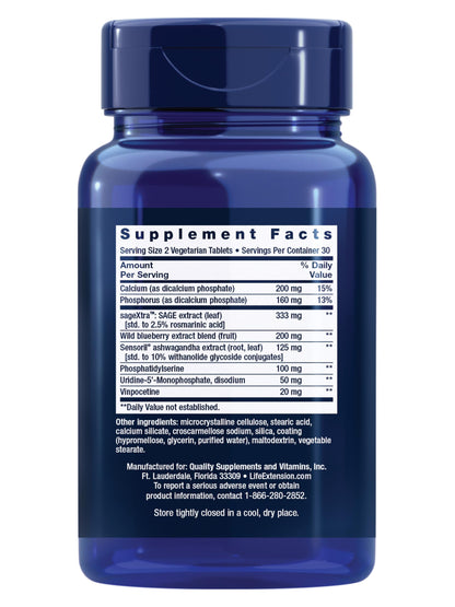 Life Extension Cognitex Elite 60 vegetarian tablets side view showing nutritional facts