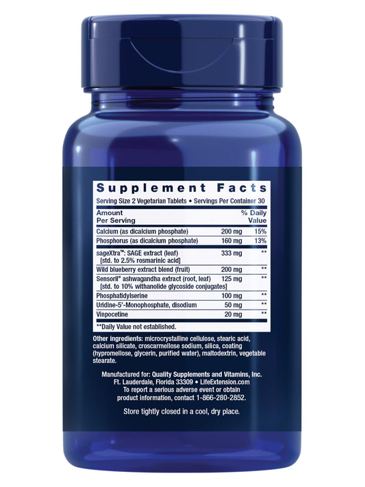 Life Extension Cognitex Elite 60 vegetarian tablets side view showing nutritional facts