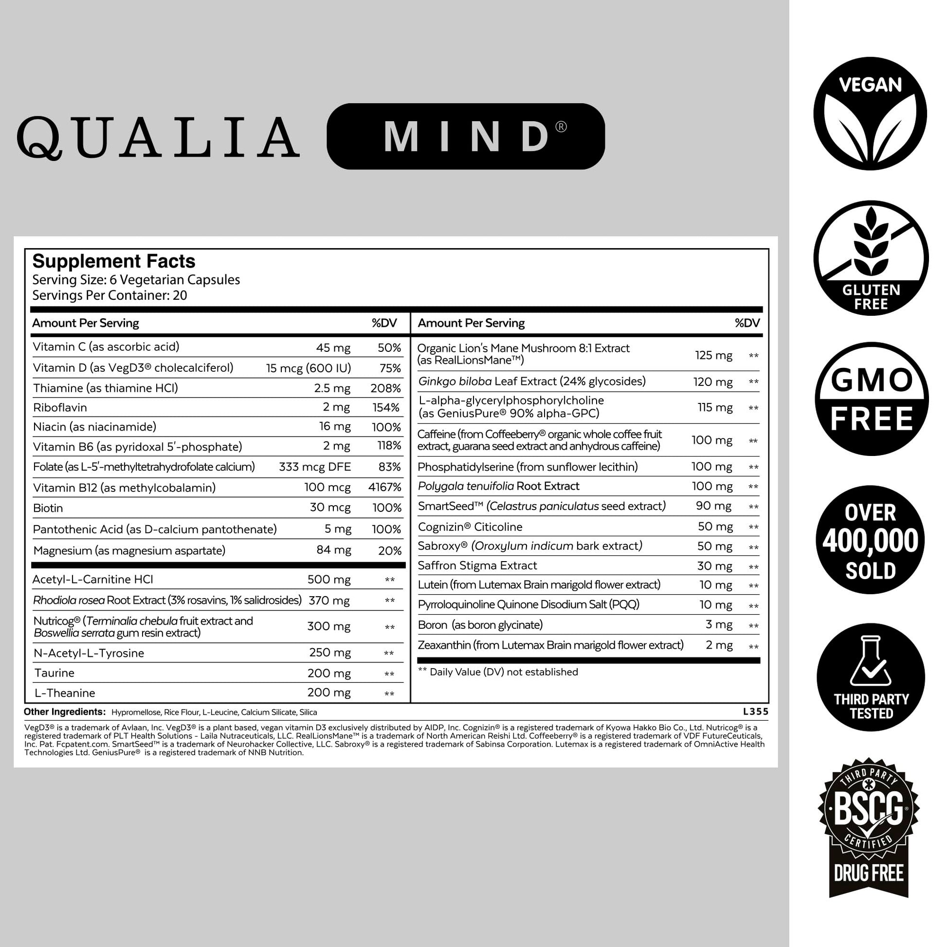 Qualia Mind 32 capsules supplement facts label detailing premium brain nutrients